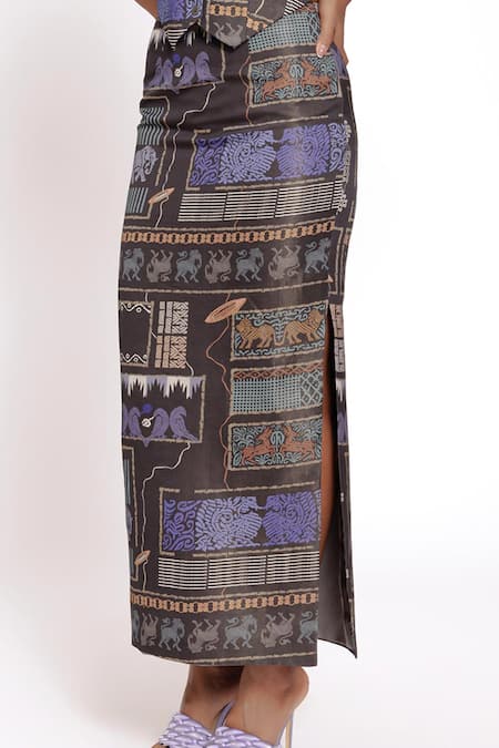 Shop_Doh Tak Keh_Black Satin Abstract Print Pencil Skirt _Online_at_Aza_Fashions