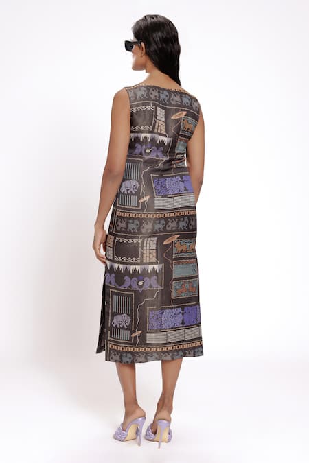 Shop_Doh Tak Keh_Black Satin Round Neck Abstract Print Midi Dress _at_Aza_Fashions