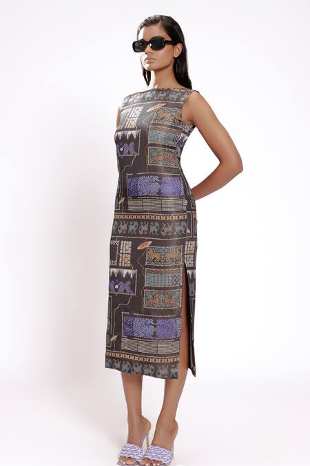 Doh Tak Keh_Black Satin Round Neck Abstract Print Midi Dress _Online_at_Aza_Fashions