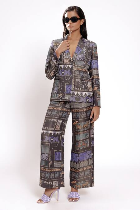 Doh Tak Keh_Black Satin Abstract Print Wide Leg Pant _Online_at_Aza_Fashions