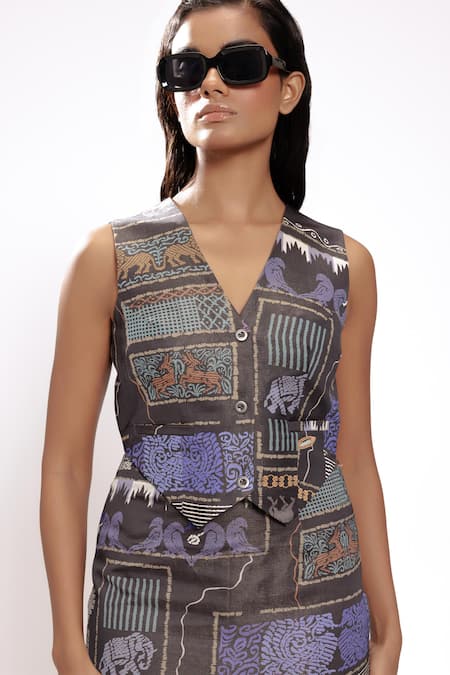 Doh Tak Keh_Black Satin V-neck Abstract Printed Vest _Online_at_Aza_Fashions