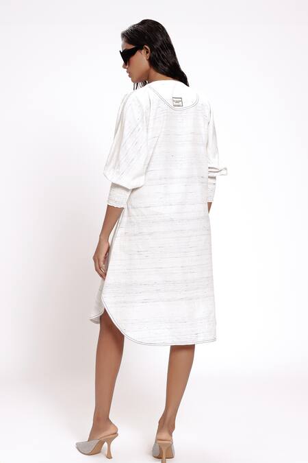 Shop Doh Tak Keh White Cotton V-neck Soft Pocketed Shirt Dress at Aza Fashions Shop_Doh Tak Keh_White Cotton V-neck Soft Pocketed Shirt Dress_at_Aza_Fashions
