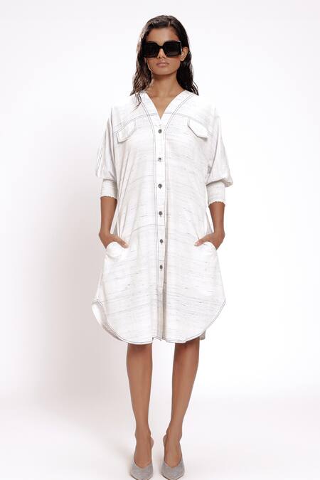Doh Tak Keh White Cotton V-neck Soft Pocketed Shirt Dress Online at Aza Fashions Doh Tak Keh_White Cotton V-neck Soft Pocketed Shirt Dress_Online_at_Aza_Fashions