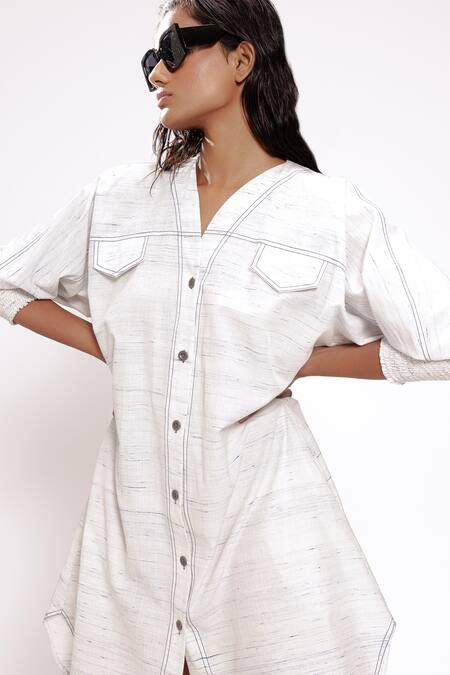 Buy Doh Tak Keh White Cotton V-neck Soft Pocketed Shirt Dress Online at Aza Fashions Buy_Doh Tak Keh_White Cotton V-neck Soft Pocketed Shirt Dress_Online_at_Aza_Fashions