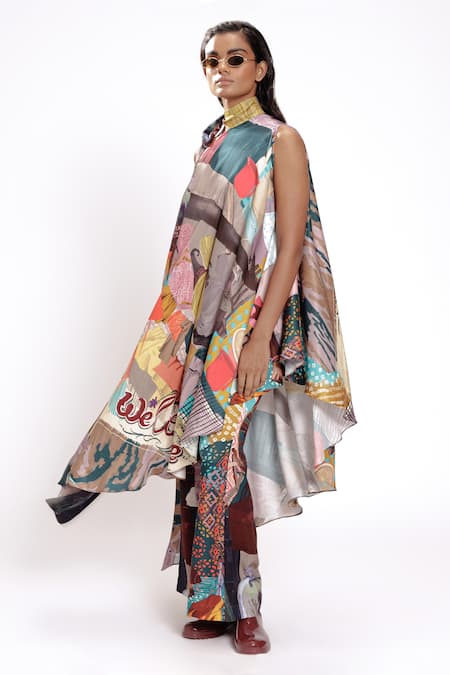 Doh Tak Keh_Multi Color Cotton, Bamboo Collared Asymmetrical Tunic With Tie-up Neck _Online_at_Aza_Fashions