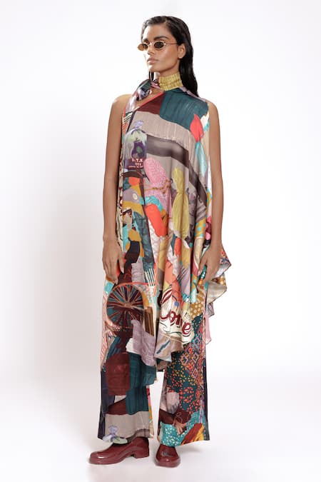 Buy_Doh Tak Keh_Multi Color Cotton, Bamboo Collared Asymmetrical Tunic With Tie-up Neck _Online_at_Aza_Fashions