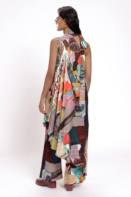 Shop_Doh Tak Keh_Multi Color Cotton, Bamboo Collared Asymmetrical Tunic With Tie-up Neck _at_Aza_Fashions