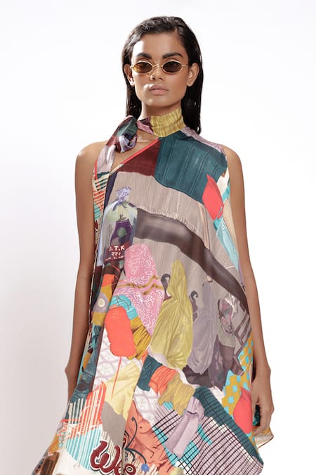 Shop_Doh Tak Keh_Multi Color Cotton, Bamboo Collared Asymmetrical Tunic With Tie-up Neck _Online_at_Aza_Fashions