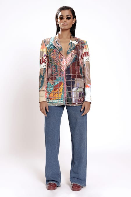 Shop Doh Tak Keh Multi Color Cotton, Bamboo Sequins, Beads Embroidered Blazer at Aza Fashions Shop_Doh Tak Keh_Multi Color Cotton, Bamboo Sequins, Beads Embroidered Blazer_at_Aza_Fashions
