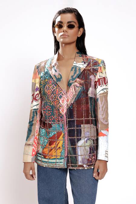 Doh Tak Keh Multi Color Cotton, Bamboo Sequins, Beads Embroidered Blazer Online at Aza Fashions Doh Tak Keh_Multi Color Cotton, Bamboo Sequins, Beads Embroidered Blazer_Online_at_Aza_Fashions