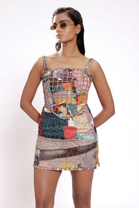 Doh Tak Keh_Multi Color Cotton, Bamboo Sequins, Beads Square Neck Embroidered Corset _Online_at_Aza_Fashions