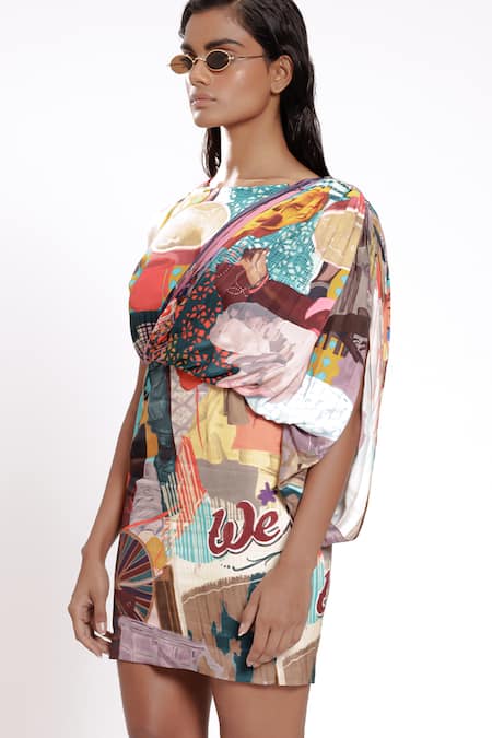 Doh Tak Keh_Multi Color Cotton Round Neck Abstract Print Cowl Drape Dress _Online_at_Aza_Fashions