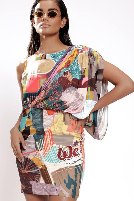 Buy_Doh Tak Keh_Multi Color Cotton Round Neck Abstract Print Cowl Drape Dress _Online_at_Aza_Fashions
