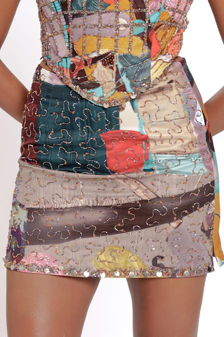 Doh Tak Keh_Multi Color Cotton, Bamboo Sequins, Beads Abstract Printed Short Skirt _Online_at_Aza_Fashions