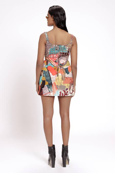 Shop_Doh Tak Keh_Multi Color Cotton, Bamboo Sequins, Beads Abstract Printed Short Skirt _at_Aza_Fashions