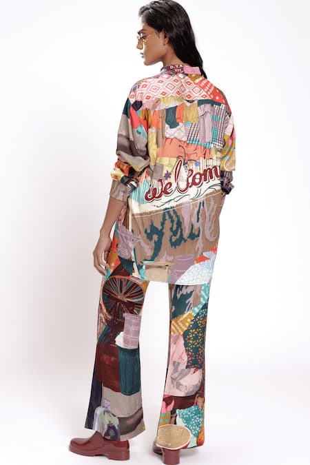 Shop_Doh Tak Keh_Multi Color Cotton Mandarin Collar Abstract Print Shirt _at_Aza_Fashions