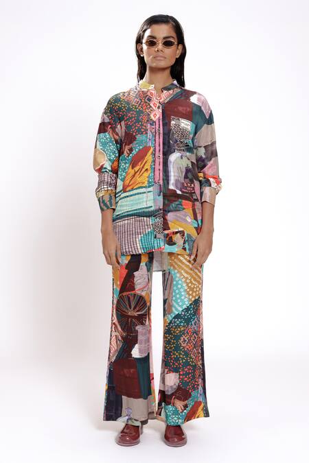 Doh Tak Keh_Multi Color Cotton Mandarin Collar Abstract Print Shirt _Online_at_Aza_Fashions