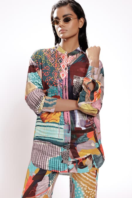 Buy_Doh Tak Keh_Multi Color Cotton Mandarin Collar Abstract Print Shirt _Online_at_Aza_Fashions