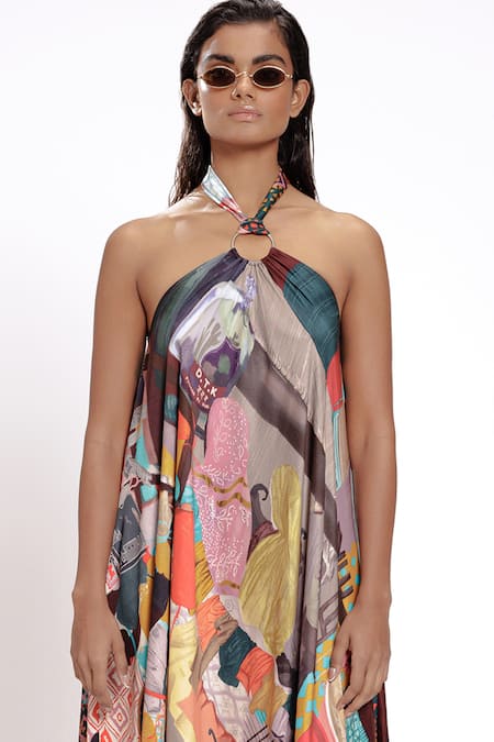 Doh Tak Keh_Multi Color Cotton, Bamboo Halter Neck Abstract Print Maxi Dress _Online_at_Aza_Fashions