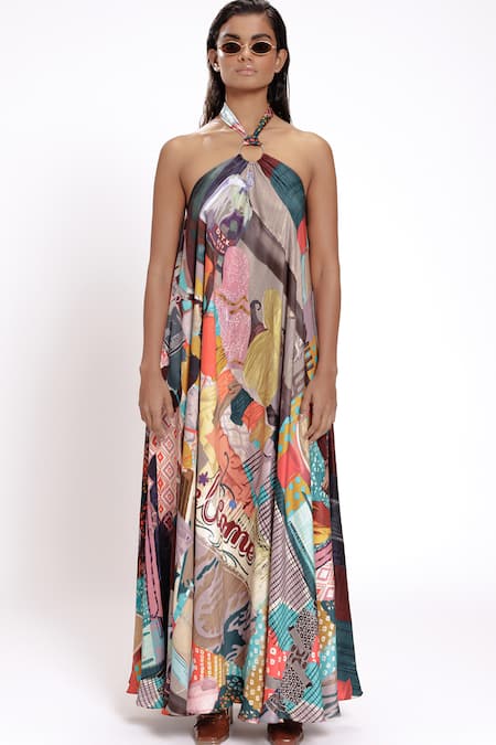 Buy_Doh Tak Keh_Multi Color Cotton, Bamboo Halter Neck Abstract Print Maxi Dress _Online_at_Aza_Fashions