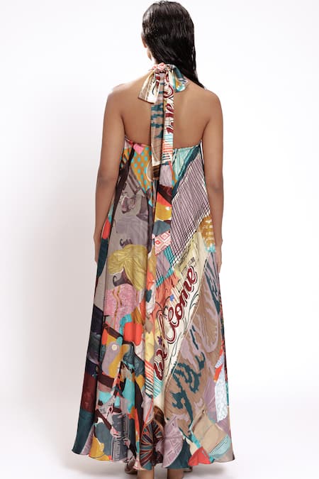Shop_Doh Tak Keh_Multi Color Cotton, Bamboo Halter Neck Abstract Print Maxi Dress _at_Aza_Fashions