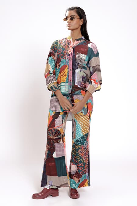 Doh Tak Keh_Multi Color Cotton, Bamboo Abstract Print Bell Bottom Pant _Online_at_Aza_Fashions