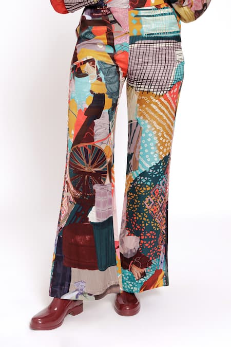 Buy_Doh Tak Keh_Multi Color Cotton, Bamboo Abstract Print Bell Bottom Pant _Online_at_Aza_Fashions