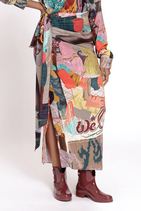 Doh Tak Keh Multi Color Cotton Abstract Print Wrap Skirt Online at Aza Fashions Doh Tak Keh_Multi Color Cotton Abstract Print Wrap Skirt_Online_at_Aza_Fashions