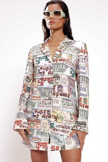 Doh Tak Keh_Ivory Rayon Crystals, Beads Collared Beadwork Blazer Dress_Online_at_Aza_Fashions