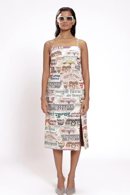 Doh Tak Keh_Ivory Rayon Square Neck Hand-illustrated Banner Slip Dress _Online_at_Aza_Fashions