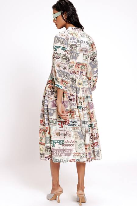 Shop_Doh Tak Keh_Ivory Rayon Mandarin Collar Hand-illustrated Gathered Dress _at_Aza_Fashions
