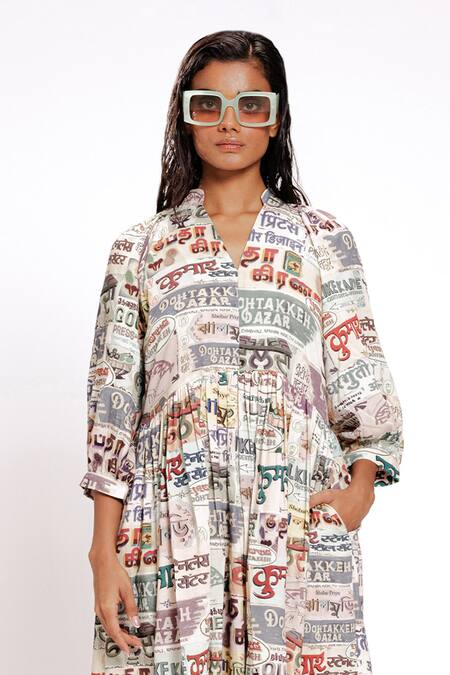 Doh Tak Keh_Ivory Rayon Mandarin Collar Hand-illustrated Gathered Dress _Online_at_Aza_Fashions