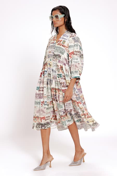Shop_Doh Tak Keh_Ivory Rayon Mandarin Collar Hand-illustrated Gathered Dress _Online_at_Aza_Fashions