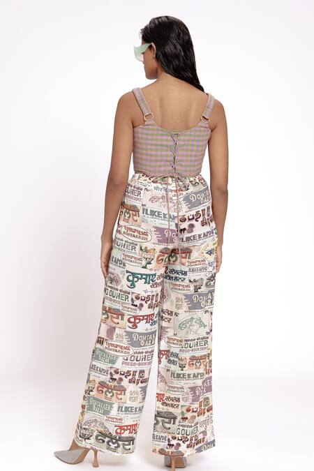 Shop_Doh Tak Keh_Ivory Rayon Illustrated Pant _at_Aza_Fashions