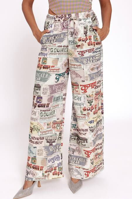 Doh Tak Keh_Ivory Rayon Illustrated Pant _Online_at_Aza_Fashions