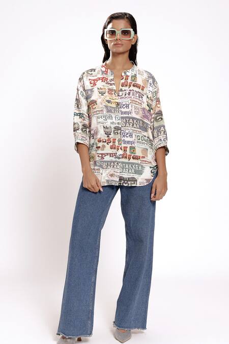 Doh Tak Keh_Ivory Rayon Mandarin Collar Puff Sleeve Designer Shirt _Online_at_Aza_Fashions