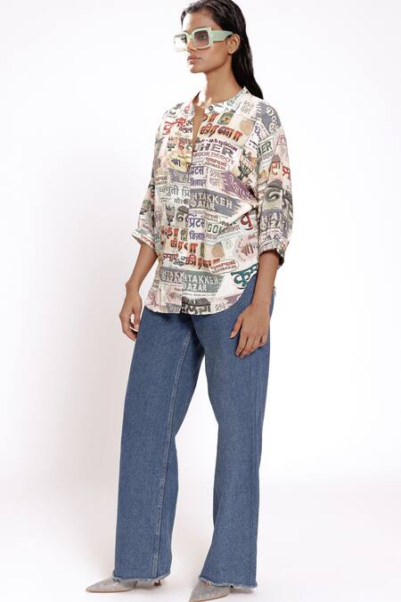 Buy_Doh Tak Keh_Ivory Rayon Mandarin Collar Puff Sleeve Designer Shirt _Online_at_Aza_Fashions