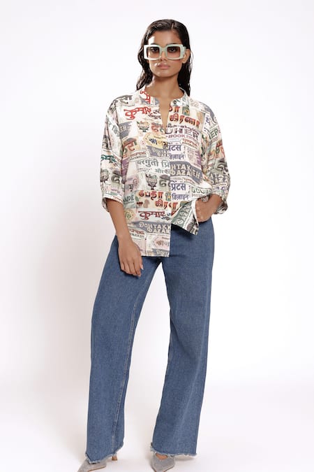 Shop_Doh Tak Keh_Ivory Rayon Mandarin Collar Puff Sleeve Designer Shirt _Online_at_Aza_Fashions