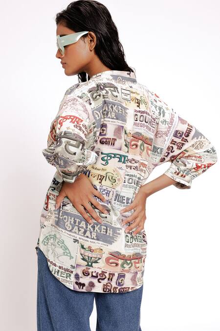 Shop_Doh Tak Keh_Ivory Rayon Mandarin Collar Puff Sleeve Designer Shirt _at_Aza_Fashions