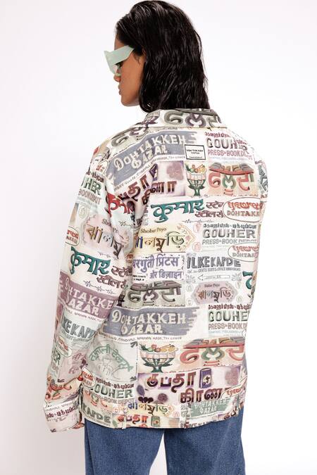 Shop Doh Tak Keh Ivory Rayon Collared Illustrated Shacket With Belts at Aza Fashions Shop_Doh Tak Keh_Ivory Rayon Collared Illustrated Shacket With Belts_at_Aza_Fashions