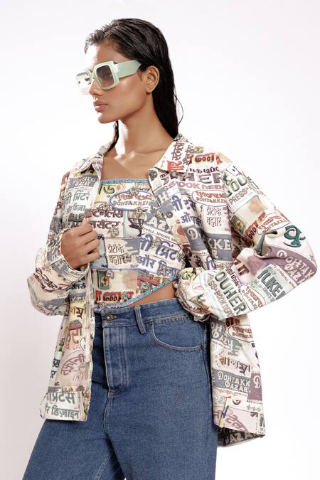 Shop Doh Tak Keh Ivory Rayon Collared Illustrated Shacket With Belts Online at Aza Fashions Shop_Doh Tak Keh_Ivory Rayon Collared Illustrated Shacket With Belts_Online_at_Aza_Fashions