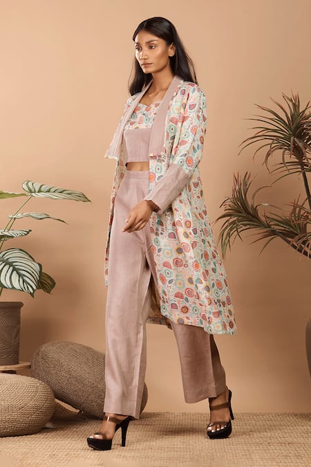 Label Niyami_Brown Linen Open , Sweetheart Abstract Print Jacket Pant Set _Online_at_Aza_Fashions