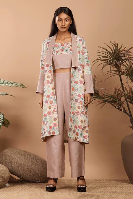 Label Niyami Brown Abstract Print Jacket Pant Set 