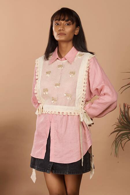 Label Niyami_Pink Linen Beads Collared Shirt With Netted Bib _Online_at_Aza_Fashions