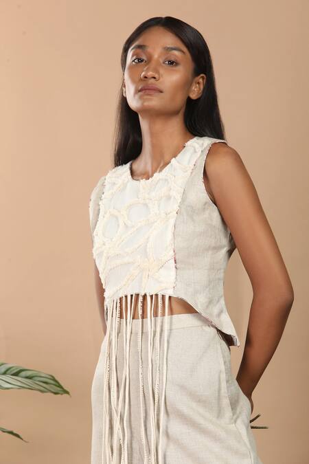 Label Niyami_Beige Linen Fringe Round Neck Textured Top And Pant Set _Online_at_Aza_Fashions