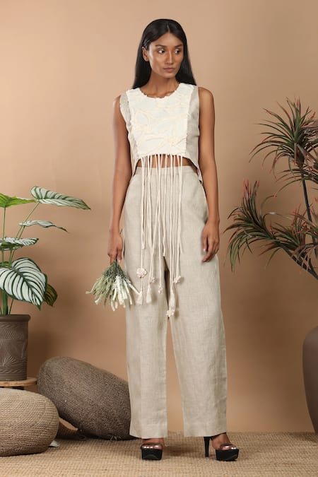 Label Niyami Beige Textured Fringe Top & Pant Set 