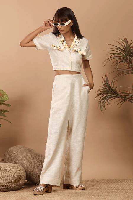 Label Niyami_Beige Linen Lace Collared Abstract Print Cropped Shirt And Pant Set _Online_at_Aza_Fashions