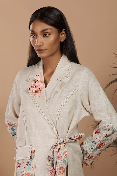 Label Niyami_Brown Linen Embroidery Collared Floral Print Trench Midi Dress _Online_at_Aza_Fashions
