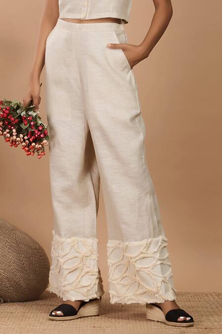 Label Niyami_Beige Linen Collared Textured Striped Top And Pant Set _Online_at_Aza_Fashions