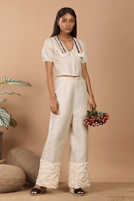 Shop_Label Niyami_Beige Linen Collared Textured Striped Top And Pant Set _Online_at_Aza_Fashions